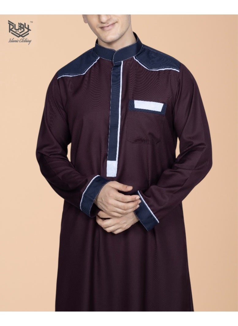 RUBY ISLAMIC CLOTHING Maroon Designer Collared Thobe – Refined Elegance Edition  Modern & Clean - Image 1
